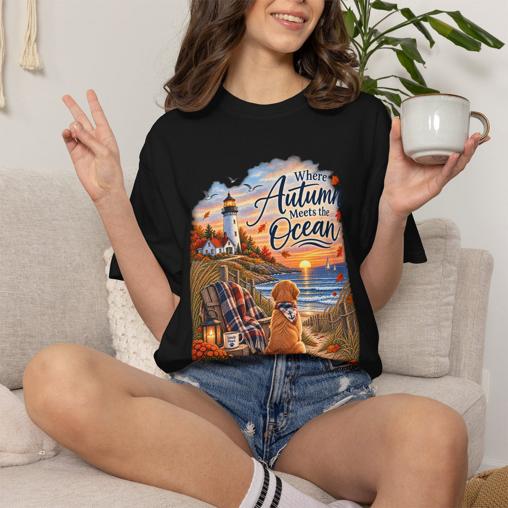 Autumn Meets the Ocean T-Shirt — Cozy Coastal Fall Tee with Golden Retriever