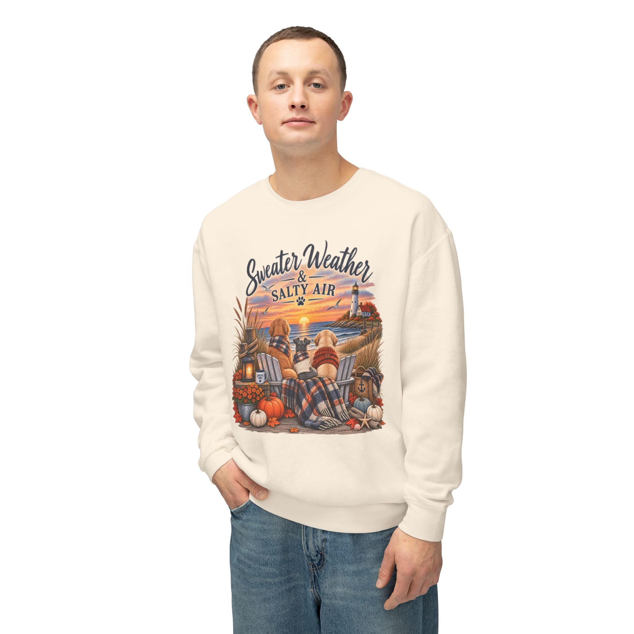 Sweater Weather & Salty Air Crewneck Sweatshirt — Coastal Fall Sunset Design