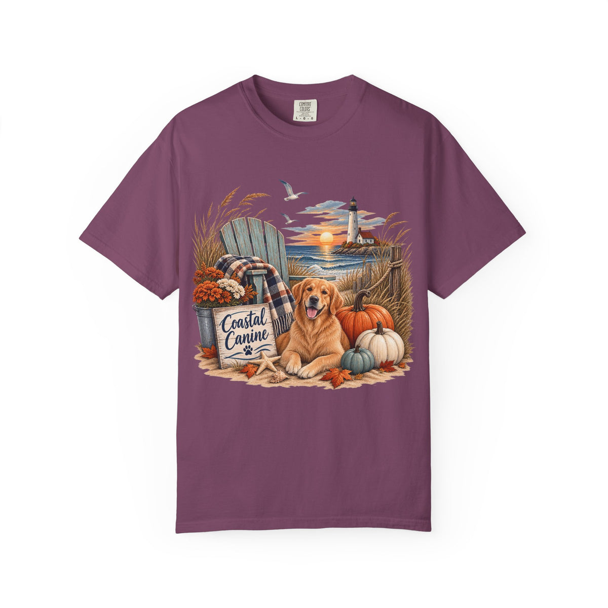 Coastal Canine Fall T-Shirt — Lighthouse, Labrador & Pumpkin Beach Tee