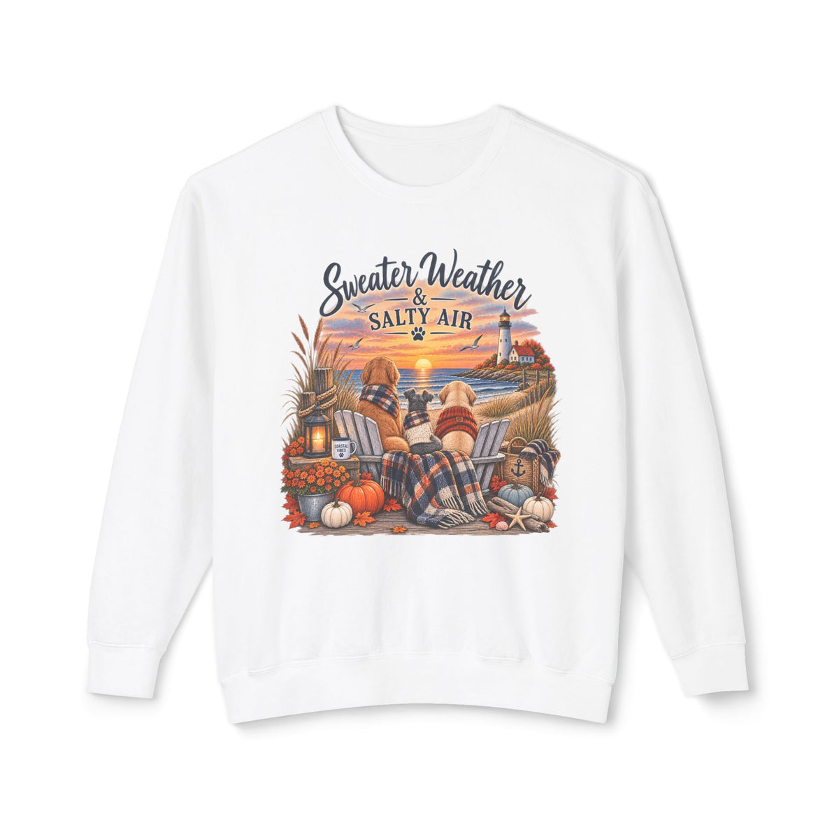 Sweater Weather & Salty Air Crewneck Sweatshirt — Coastal Fall Sunset Design