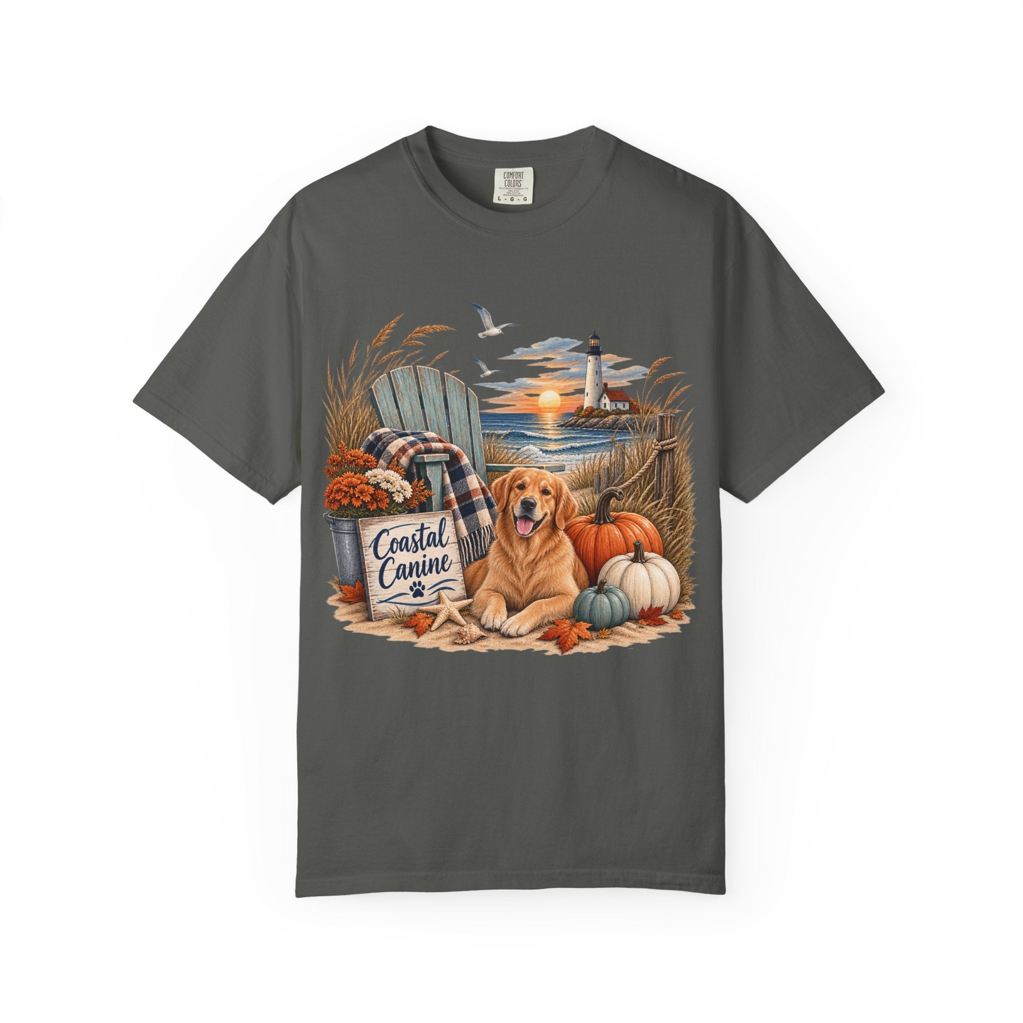 Coastal Canine Fall T-Shirt — Lighthouse, Labrador & Pumpkin Beach Tee