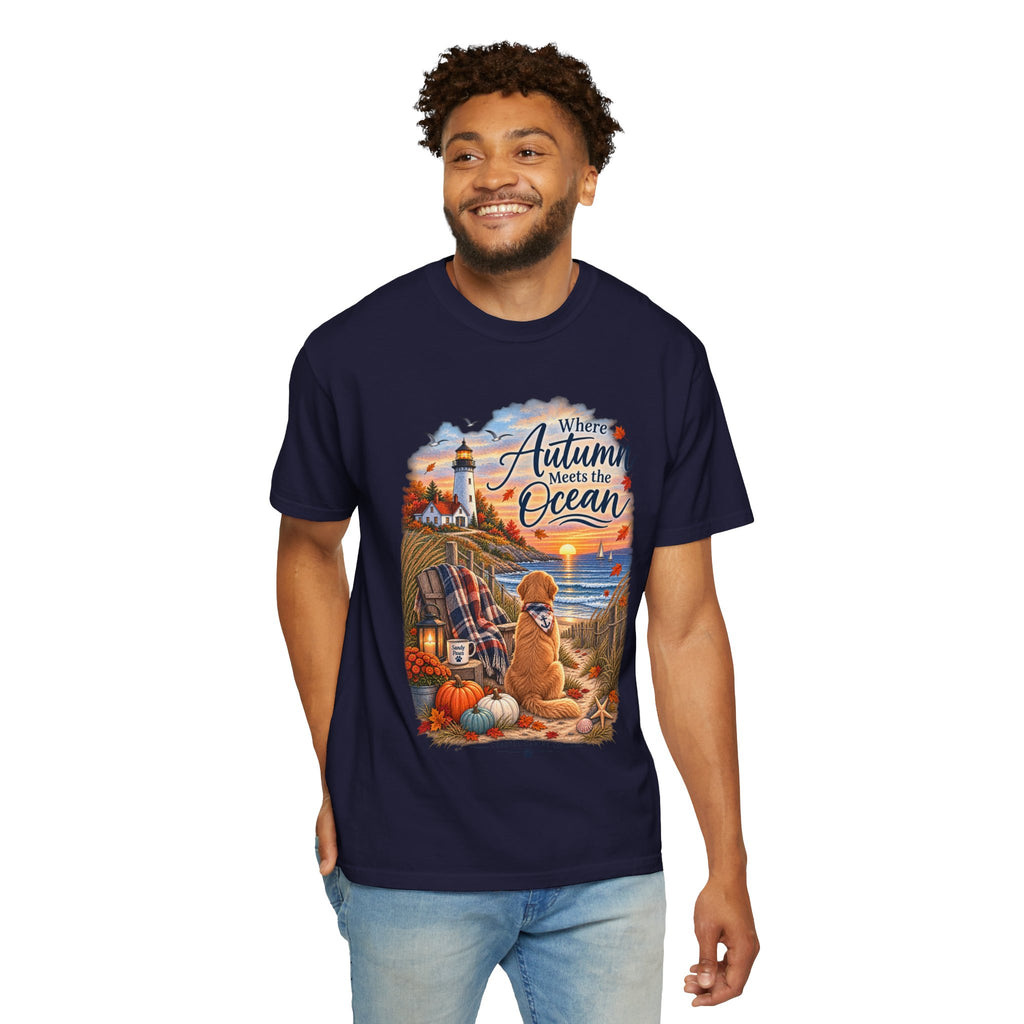Autumn Meets the Ocean T-Shirt — Cozy Coastal Fall Tee with Golden Retriever