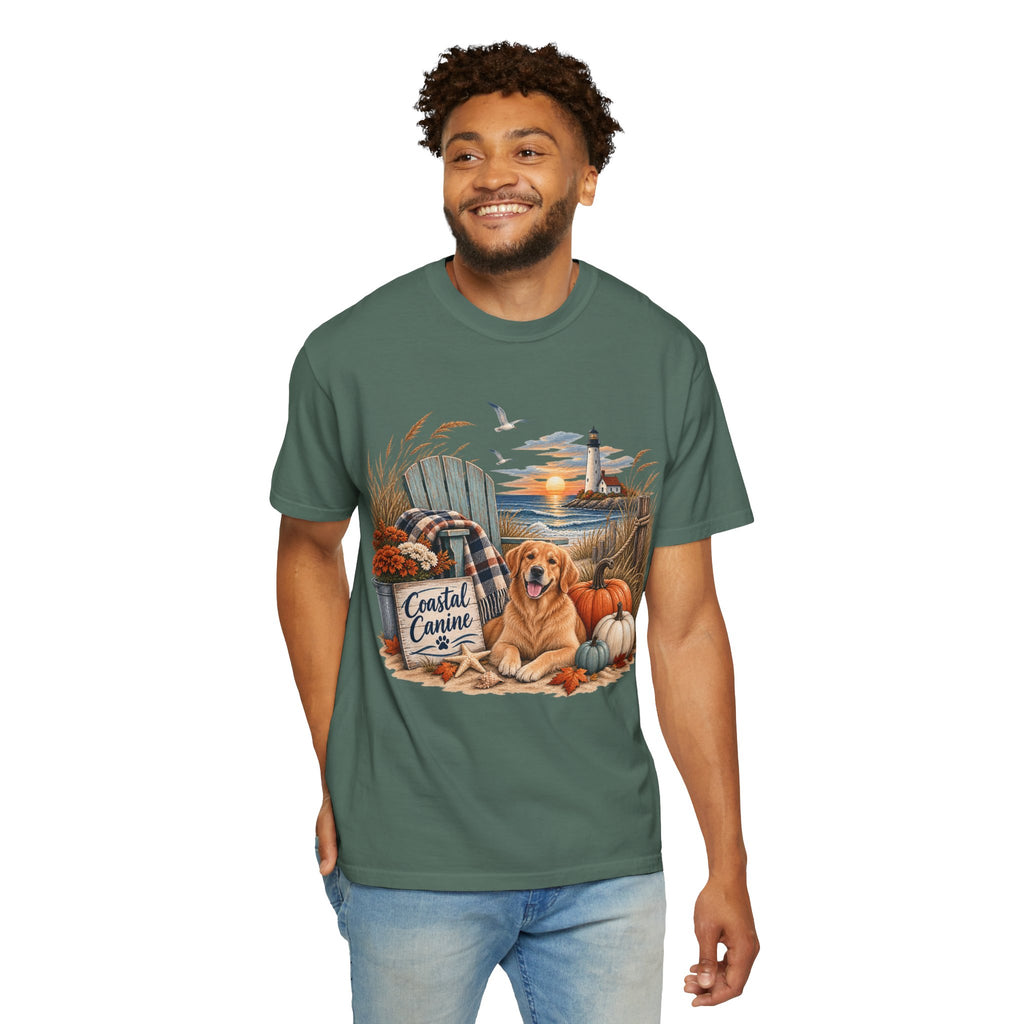Coastal Canine Fall T-Shirt — Lighthouse, Labrador & Pumpkin Beach Tee