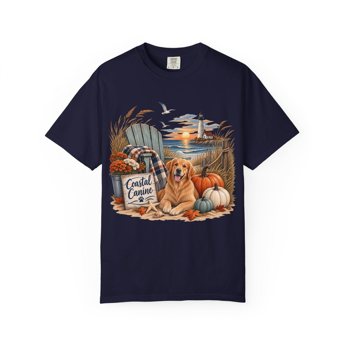 Coastal Canine Fall T-Shirt — Lighthouse, Labrador & Pumpkin Beach Tee