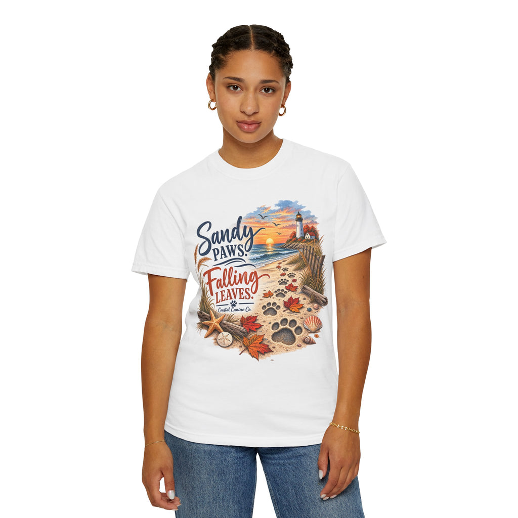 Sandy Paws Falling Leaves Beach T-Shirt — Autumn Coastal Dog Lover Tee