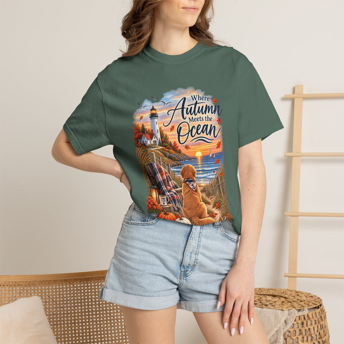 Autumn Meets the Ocean T-Shirt — Cozy Coastal Fall Tee with Golden Retriever