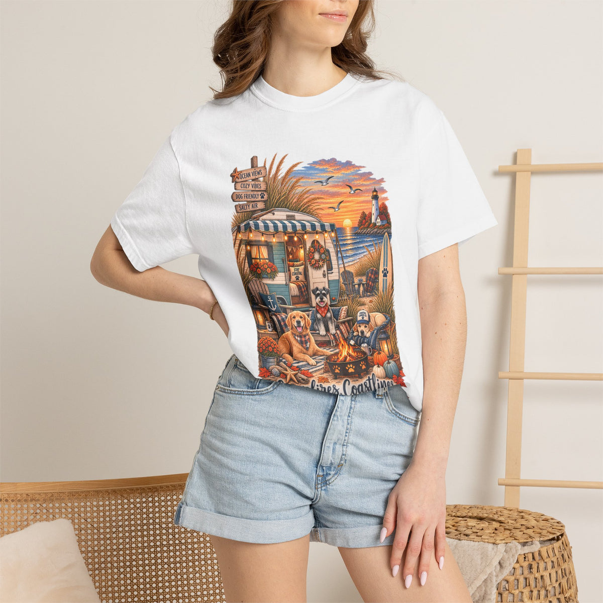 Campfires, Coastlines & Canines T-Shirt — Retro Camper Dog Camping Graphic Tee