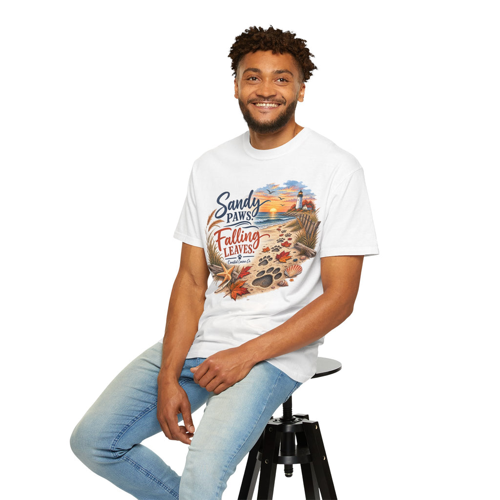 Sandy Paws Falling Leaves Beach T-Shirt — Autumn Coastal Dog Lover Tee