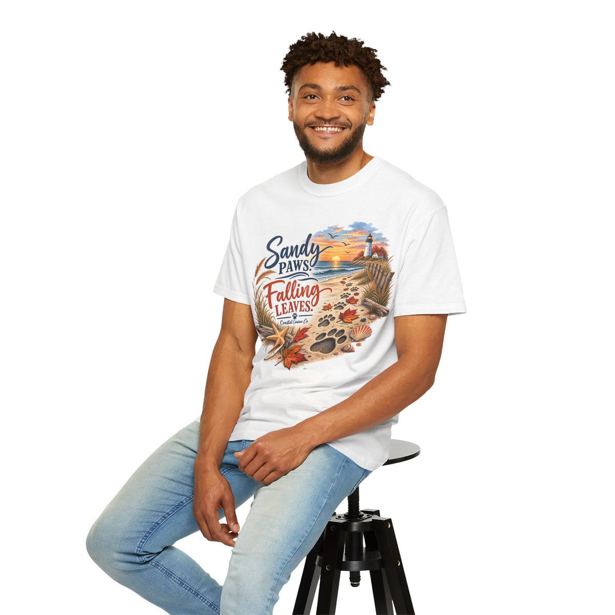 Sandy Paws Falling Leaves Beach T-Shirt — Autumn Coastal Dog Lover Tee
