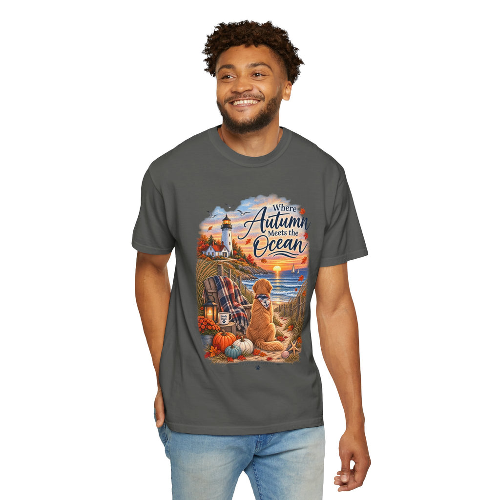 Autumn Meets the Ocean T-Shirt — Cozy Coastal Fall Tee with Golden Retriever
