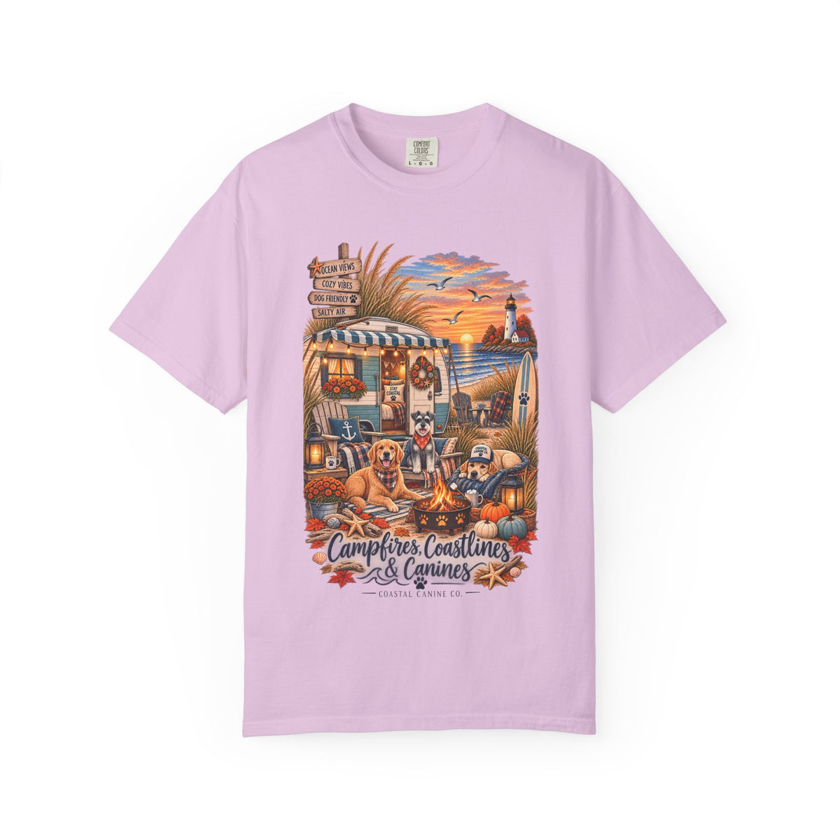 Campfires, Coastlines & Canines T-Shirt — Retro Camper Dog Camping Graphic Tee