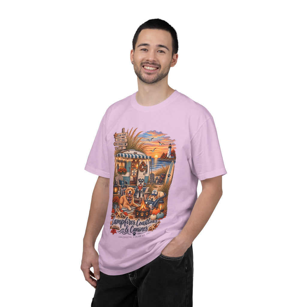 Campfires, Coastlines & Canines T-Shirt — Retro Camper Dog Camping Graphic Tee