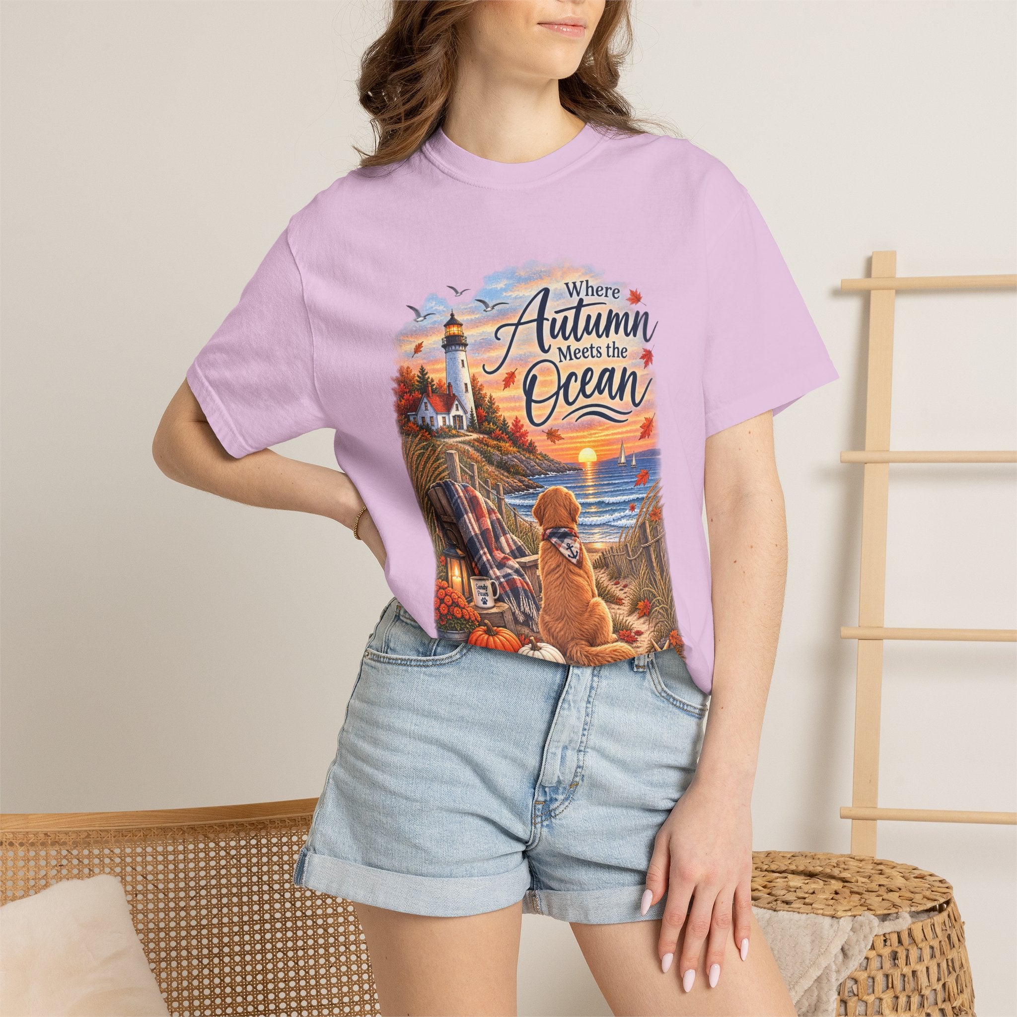 Autumn Meets the Ocean T-Shirt — Cozy Coastal Fall Tee with Golden Retriever
