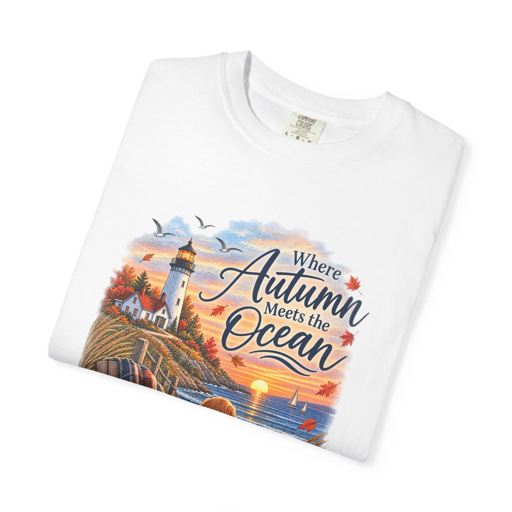 Autumn Meets the Ocean T-Shirt — Cozy Coastal Fall Tee with Golden Retriever