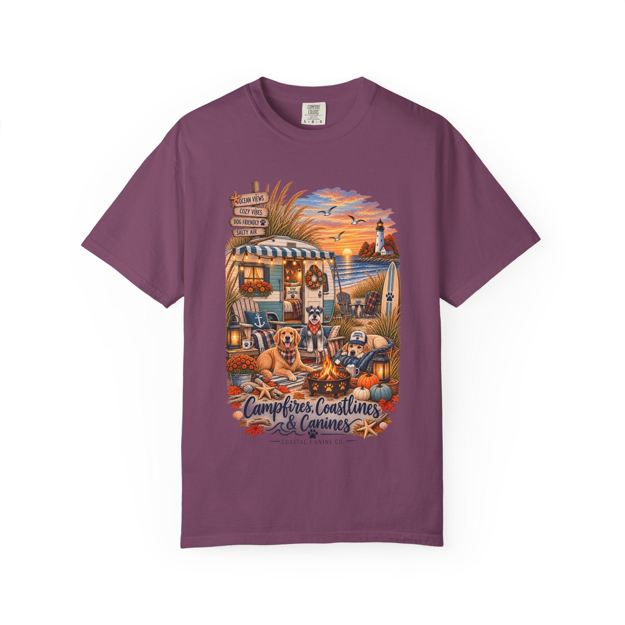 Campfires, Coastlines & Canines T-Shirt — Retro Camper Dog Camping Graphic Tee