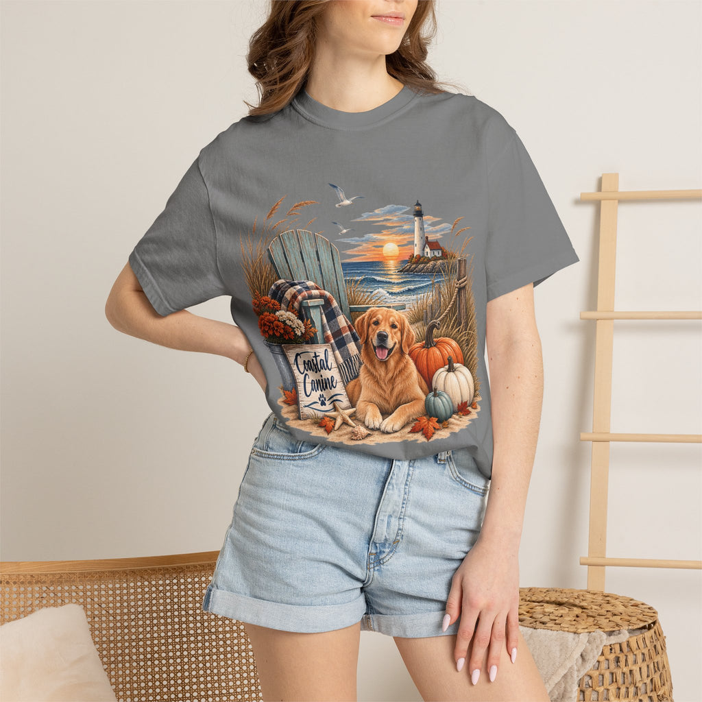 Coastal Canine Fall T-Shirt — Lighthouse, Labrador & Pumpkin Beach Tee