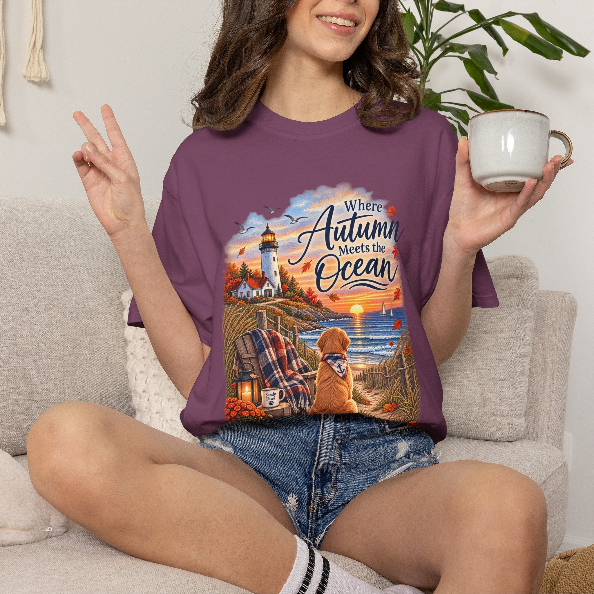 Autumn Meets the Ocean T-Shirt — Cozy Coastal Fall Tee with Golden Retriever
