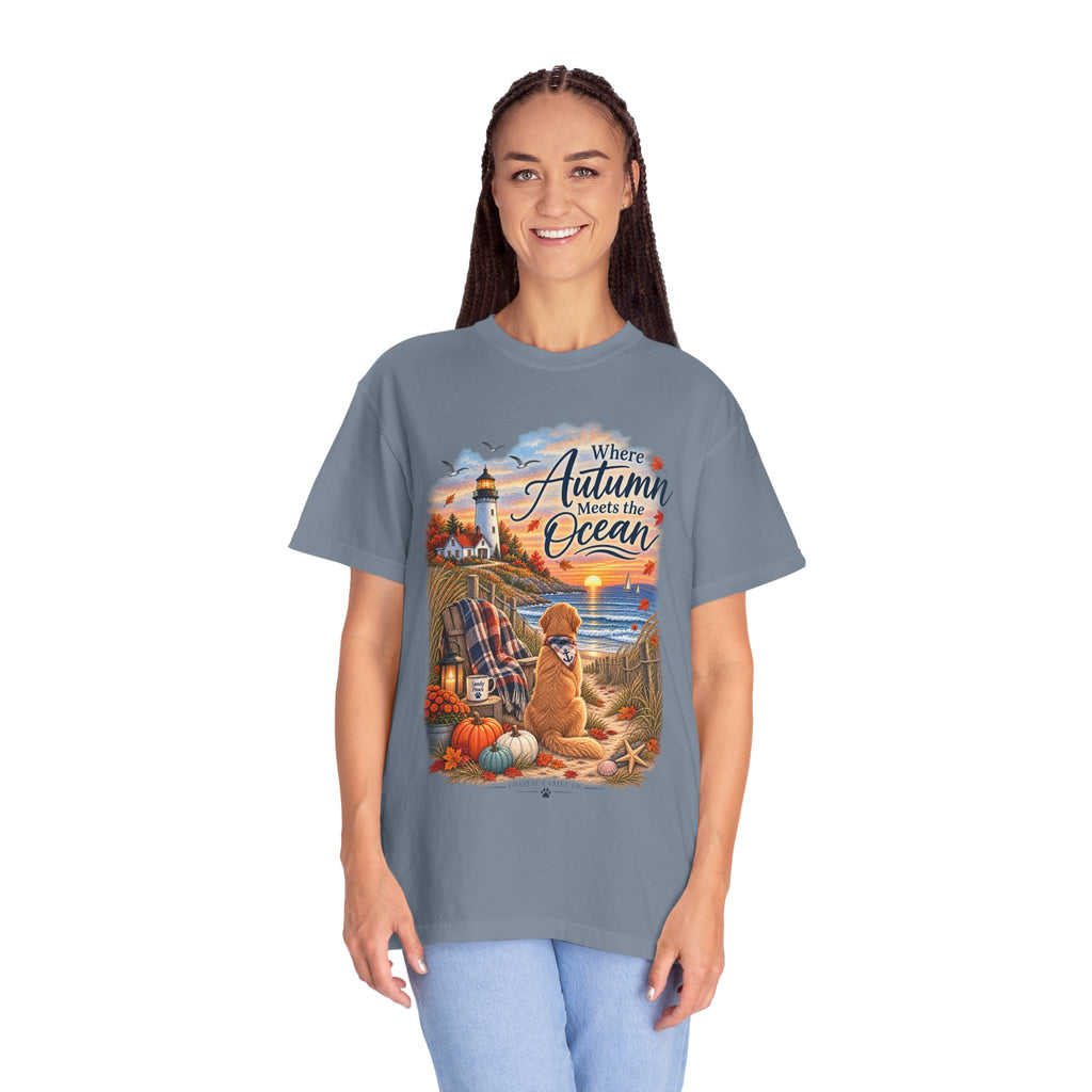Autumn Meets the Ocean T-Shirt — Cozy Coastal Fall Tee with Golden Retriever