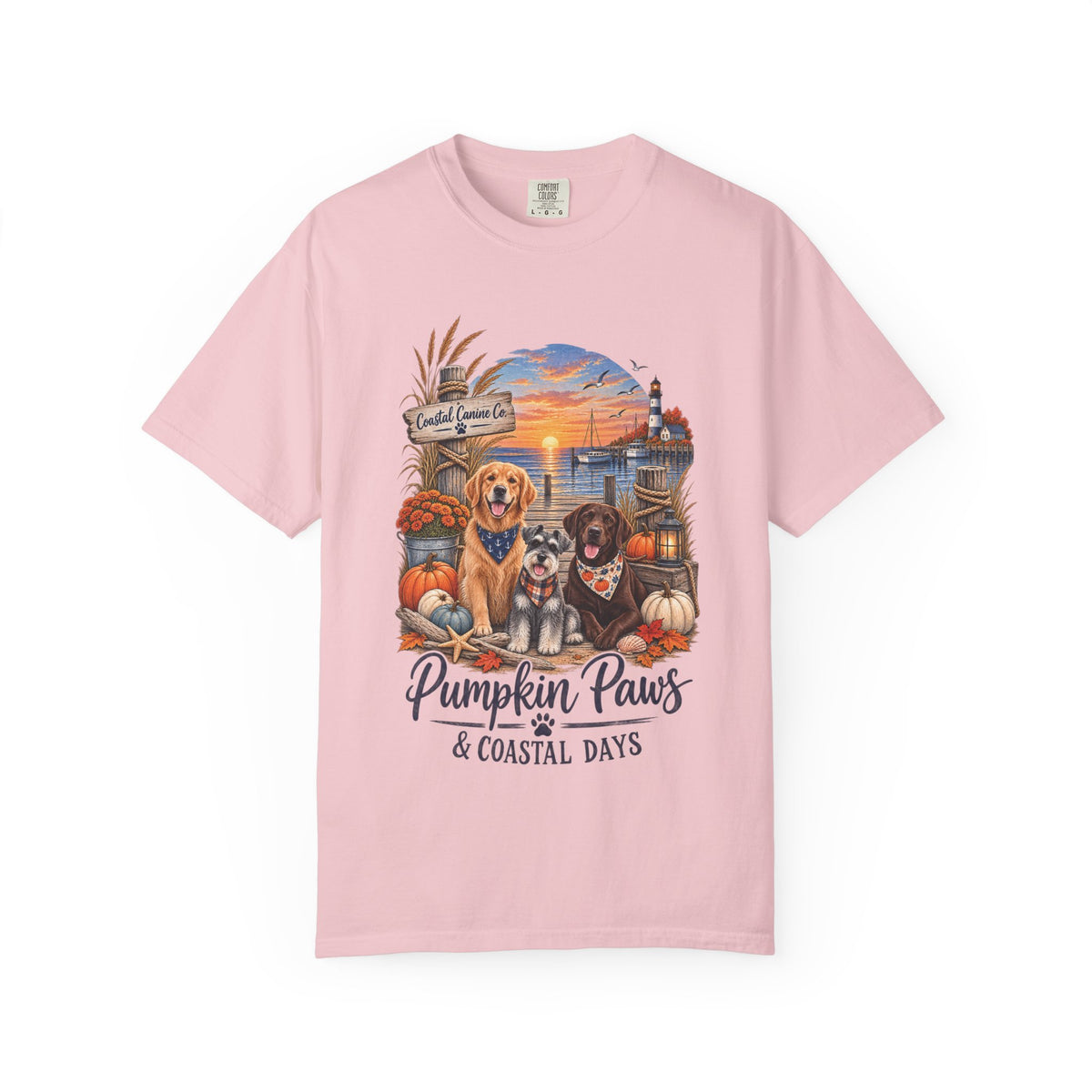 Pumpkin Paws & Coastal Days T-Shirt — Autumn Dogs by the Harbor