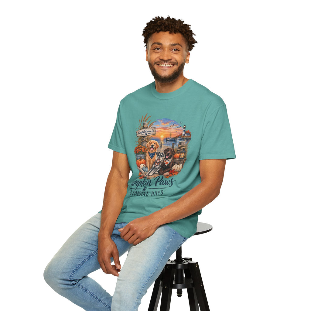 Pumpkin Paws & Coastal Days T-Shirt — Autumn Dogs by the Harbor