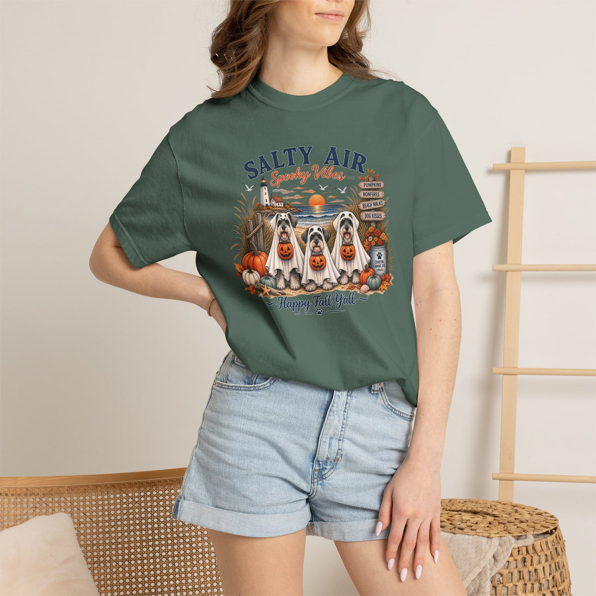 Salty Air Spooky Vibes Tee — Happy Fall Y'all Autumn Beach Ghosts T-Shirt