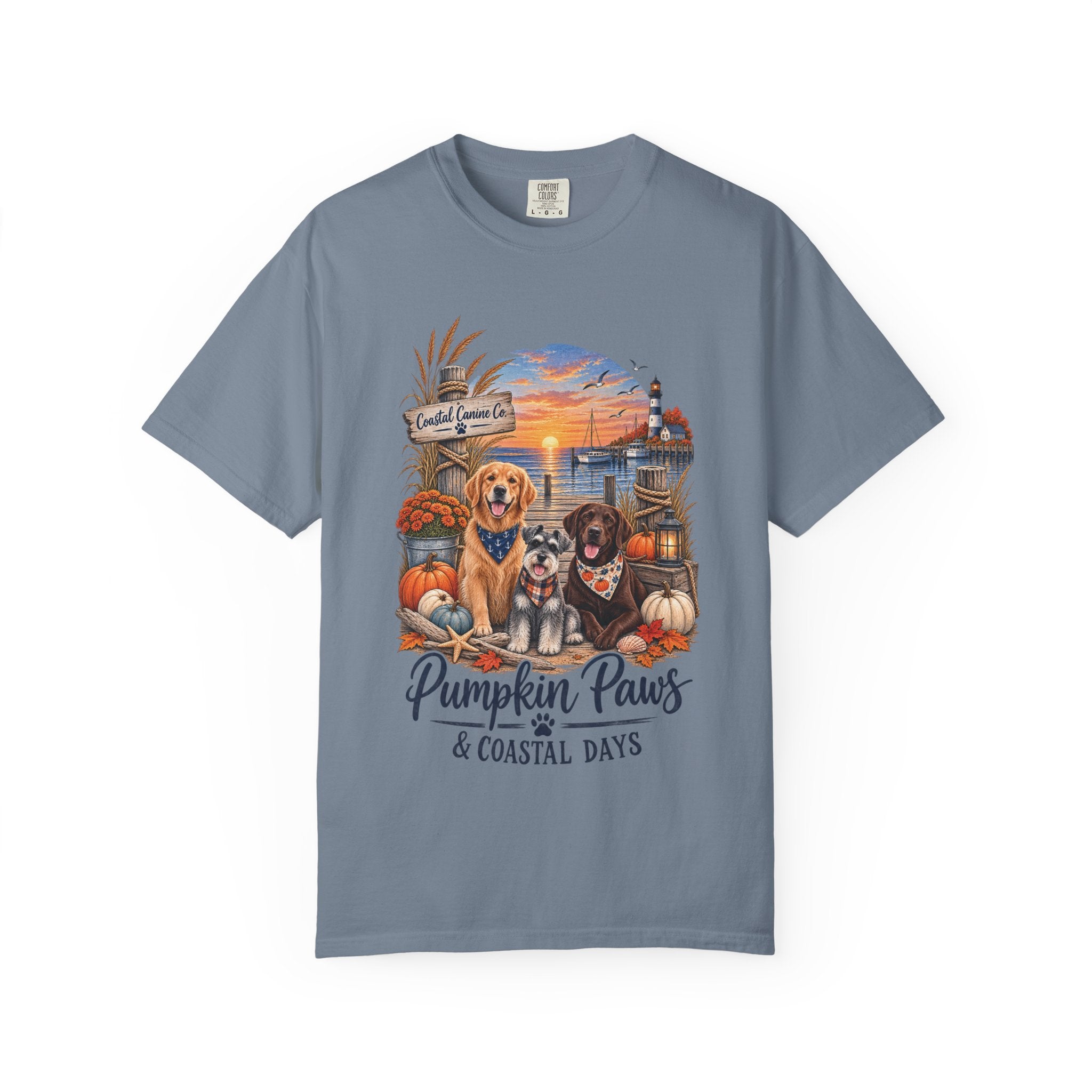 Pumpkin Paws & Coastal Days T-Shirt — Autumn Dogs by the Harbor