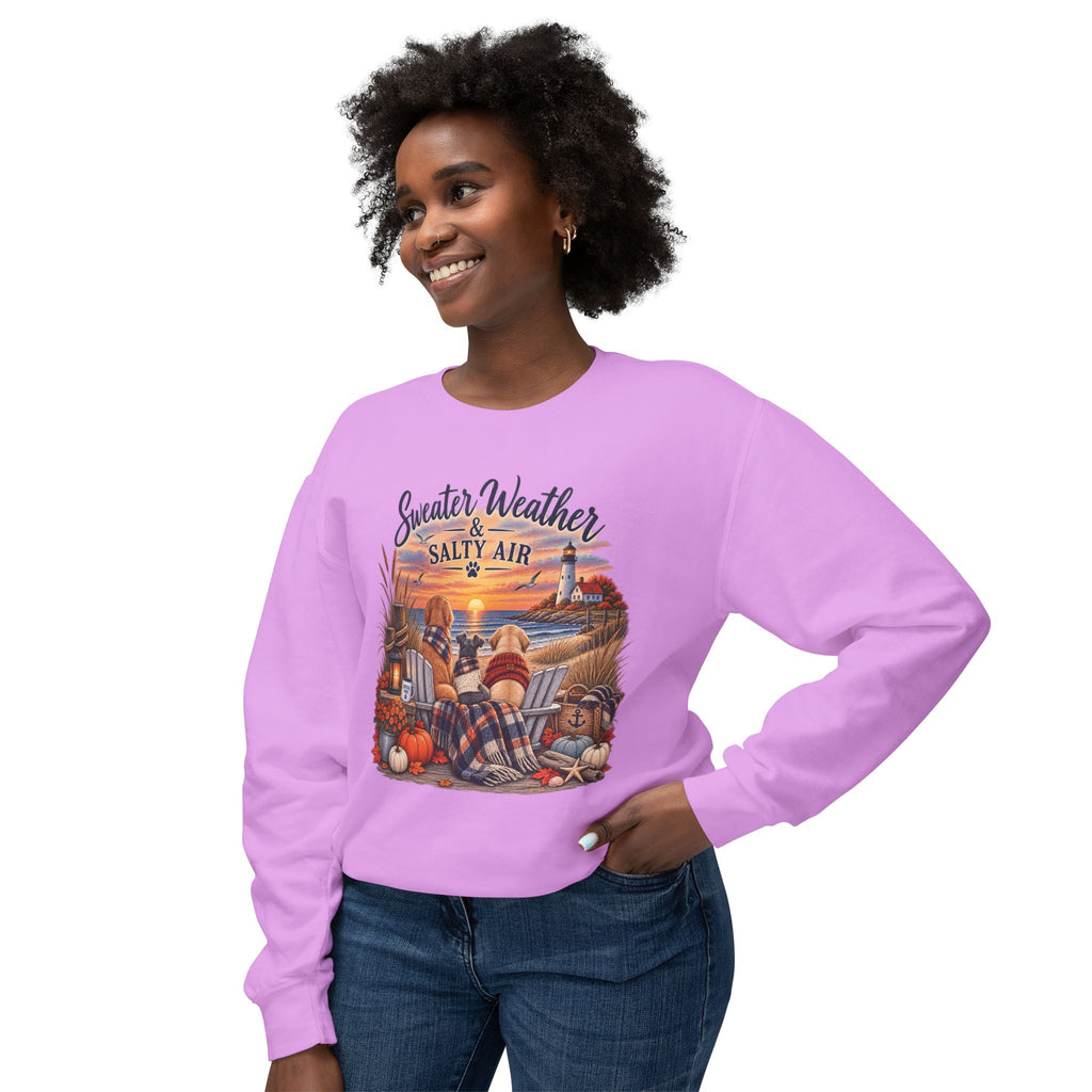 Sweater Weather & Salty Air Crewneck Sweatshirt — Coastal Fall Sunset Design