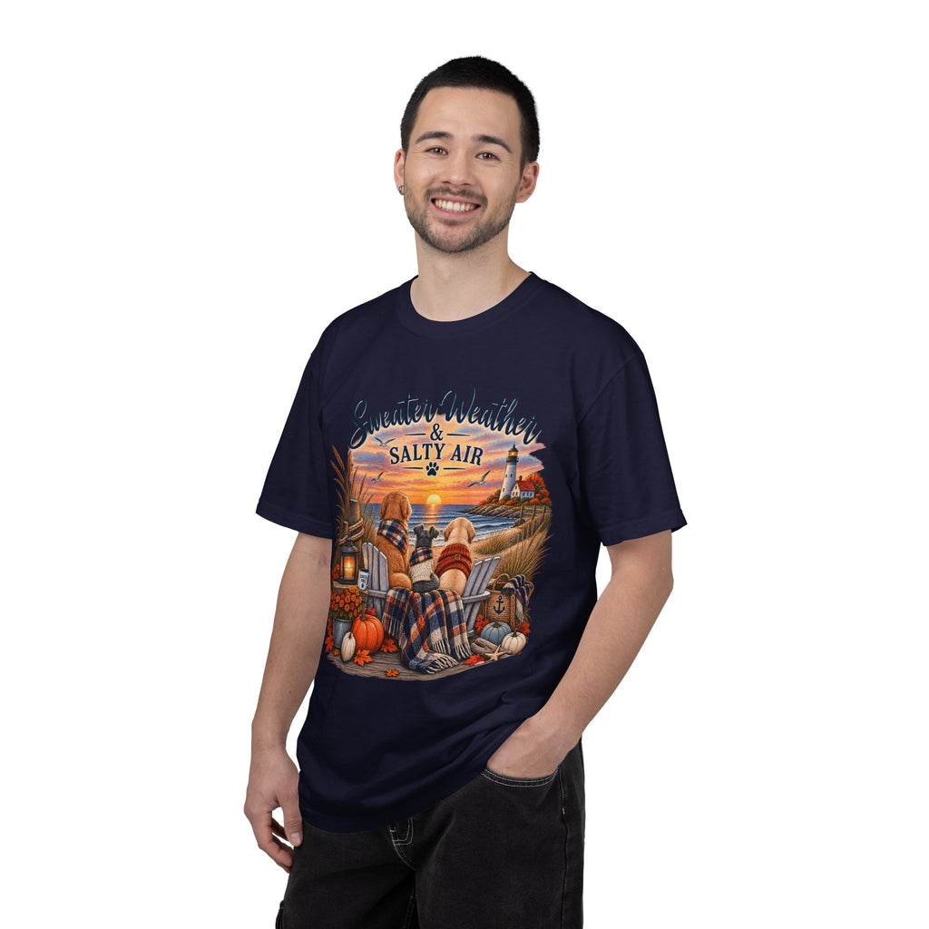 Sweater Weather & Salty Air T-Shirt — Autumn Beach Sunset Graphic Tee