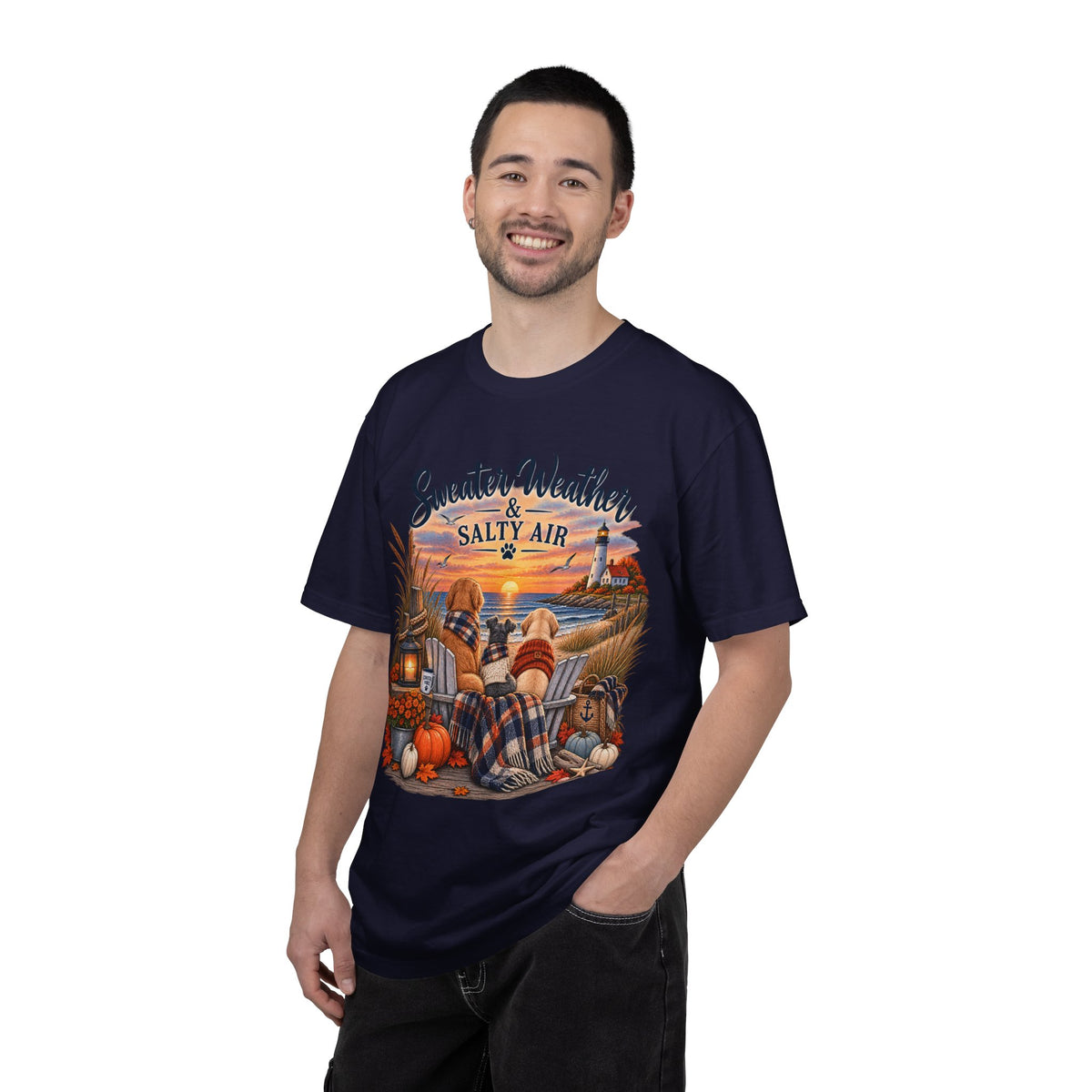 Sweater Weather & Salty Air T-Shirt — Autumn Beach Sunset Graphic Tee