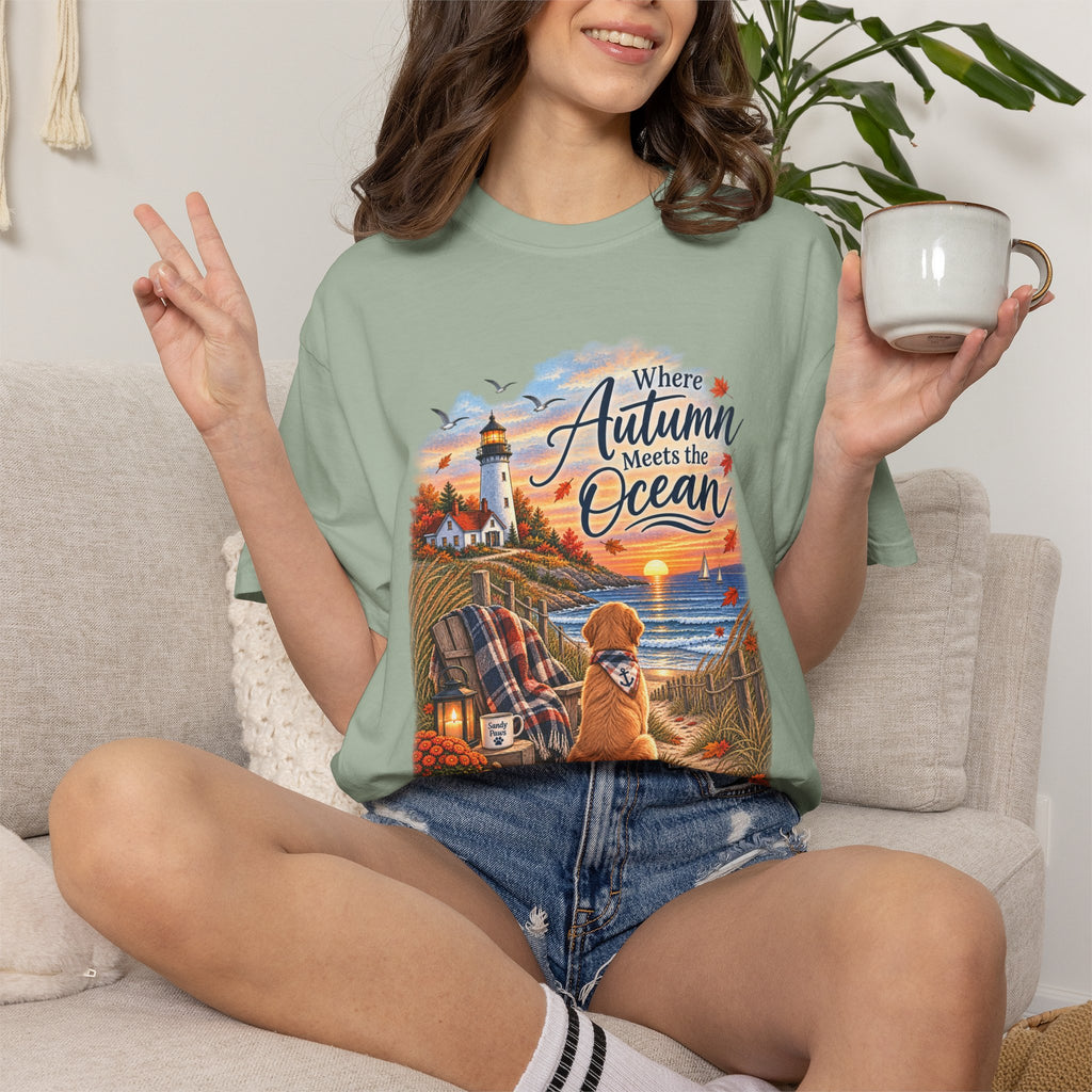 Autumn Meets the Ocean T-Shirt — Cozy Coastal Fall Tee with Golden Retriever