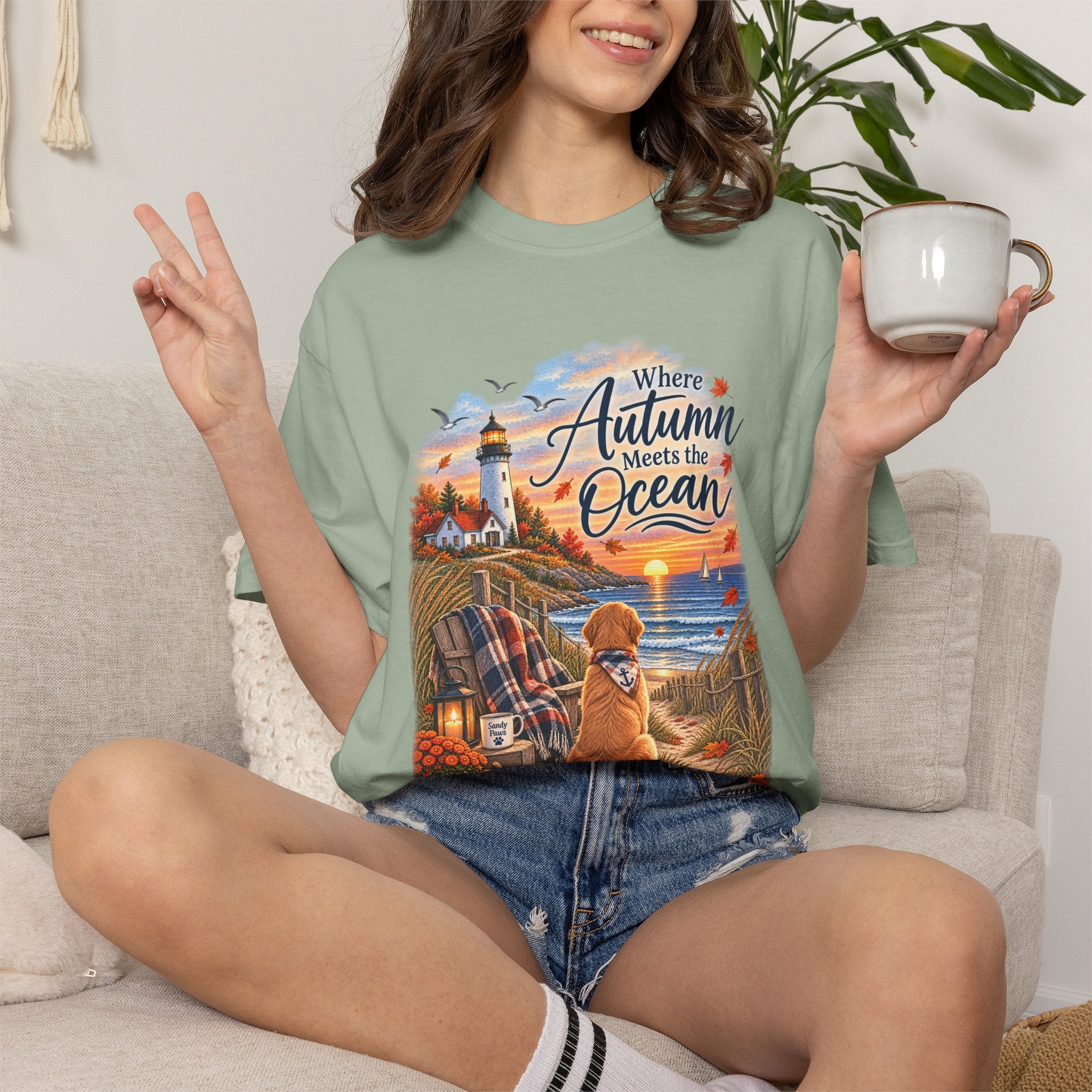 Autumn Meets the Ocean T-Shirt — Cozy Coastal Fall Tee with Golden Retriever