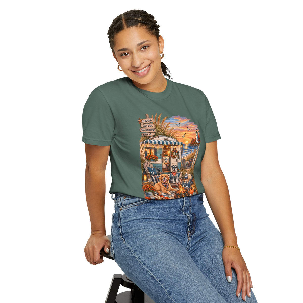 Campfires, Coastlines & Canines T-Shirt — Retro Camper Dog Camping Graphic Tee