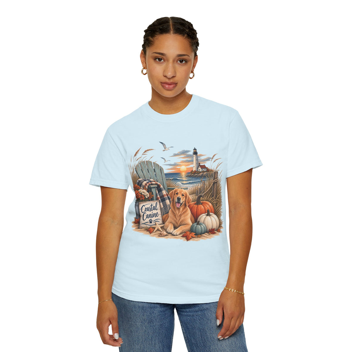 Coastal Canine Fall T-Shirt — Lighthouse, Labrador & Pumpkin Beach Tee