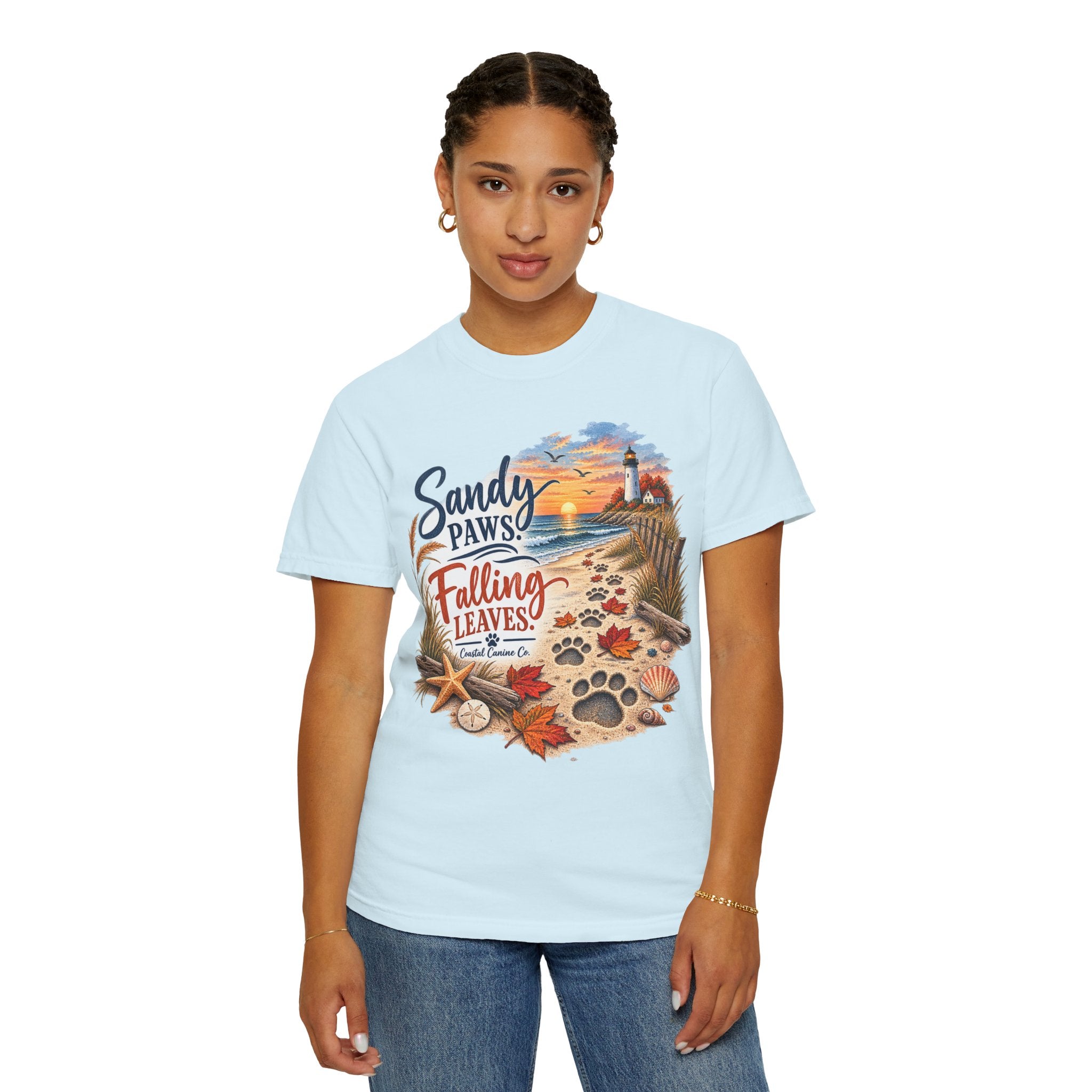 Sandy Paws Falling Leaves Beach T-Shirt — Autumn Coastal Dog Lover Tee