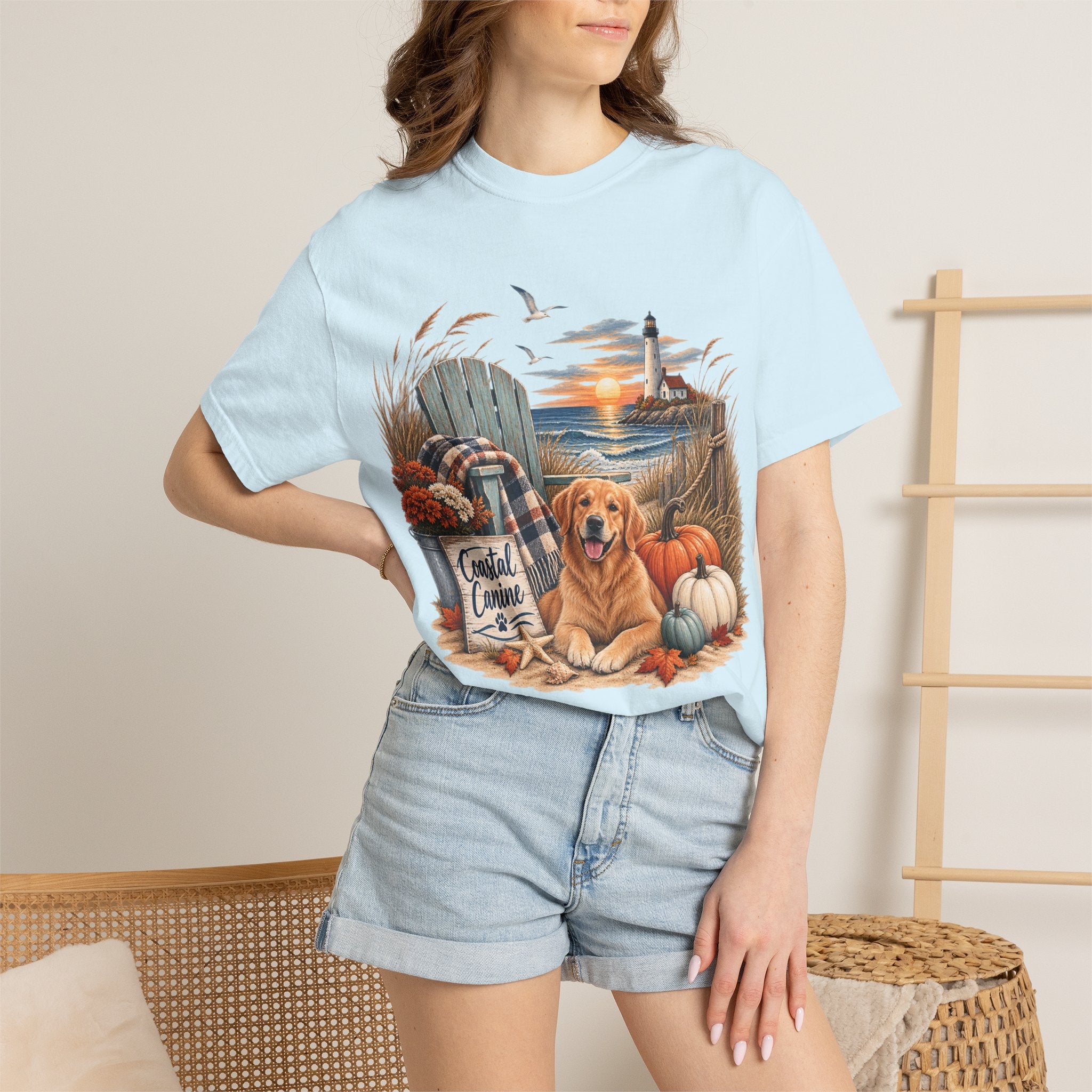 Coastal Canine Fall T-Shirt — Lighthouse, Labrador & Pumpkin Beach Tee