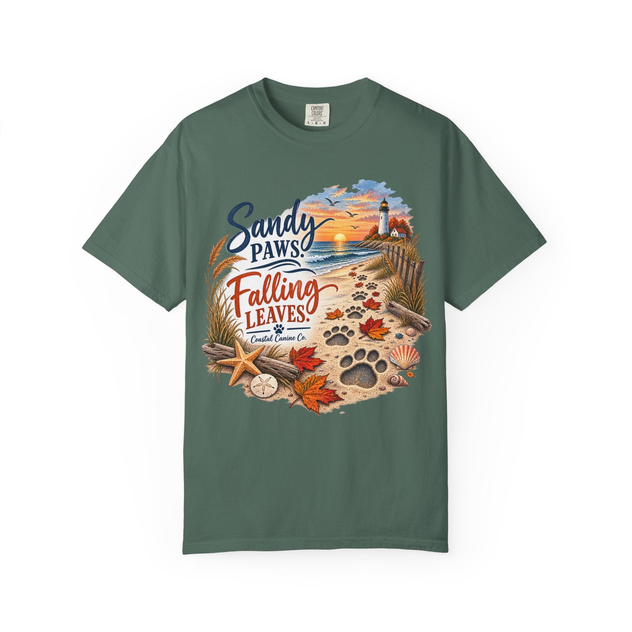 Sandy Paws Falling Leaves Beach T-Shirt — Autumn Coastal Dog Lover Tee