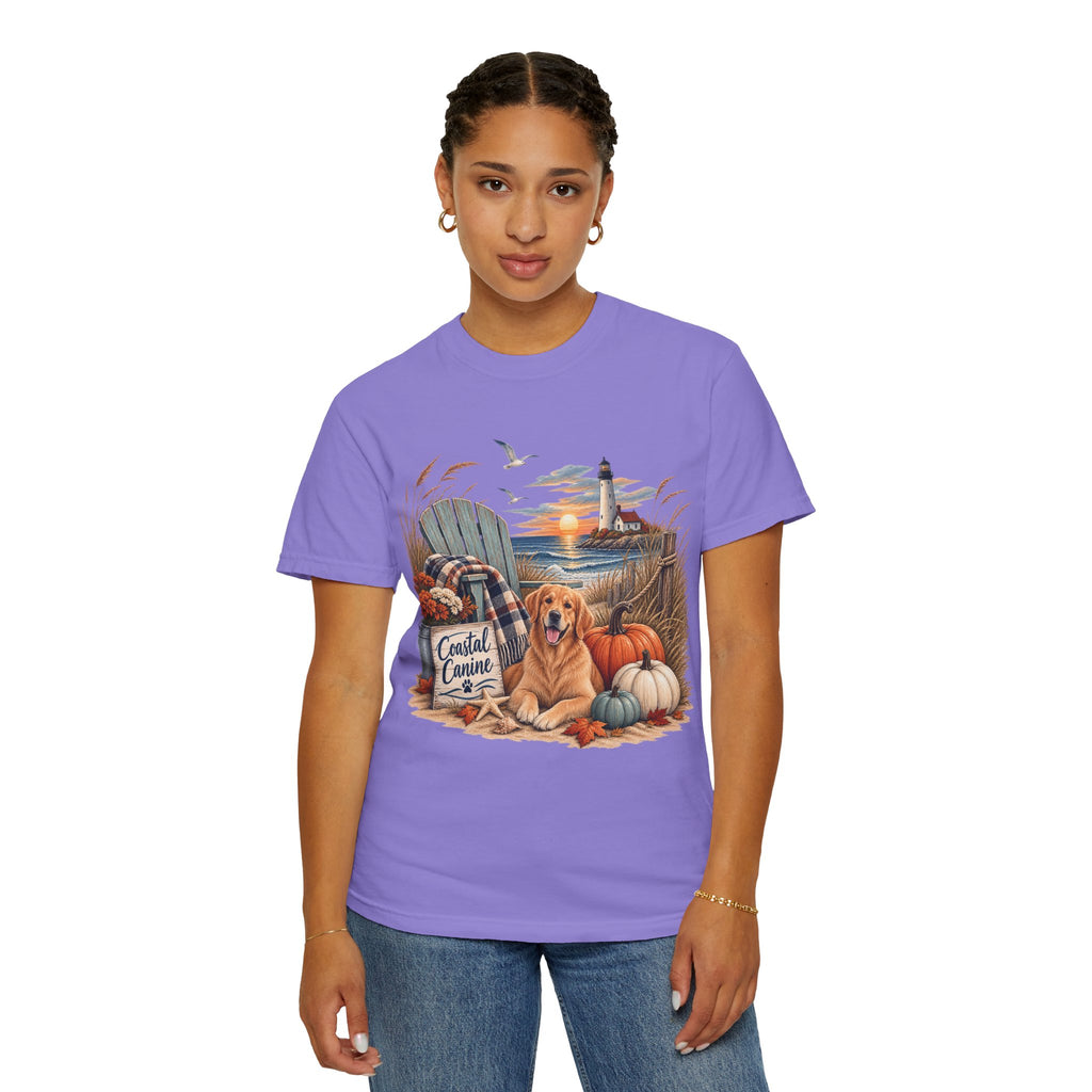 Coastal Canine Fall T-Shirt — Lighthouse, Labrador & Pumpkin Beach Tee