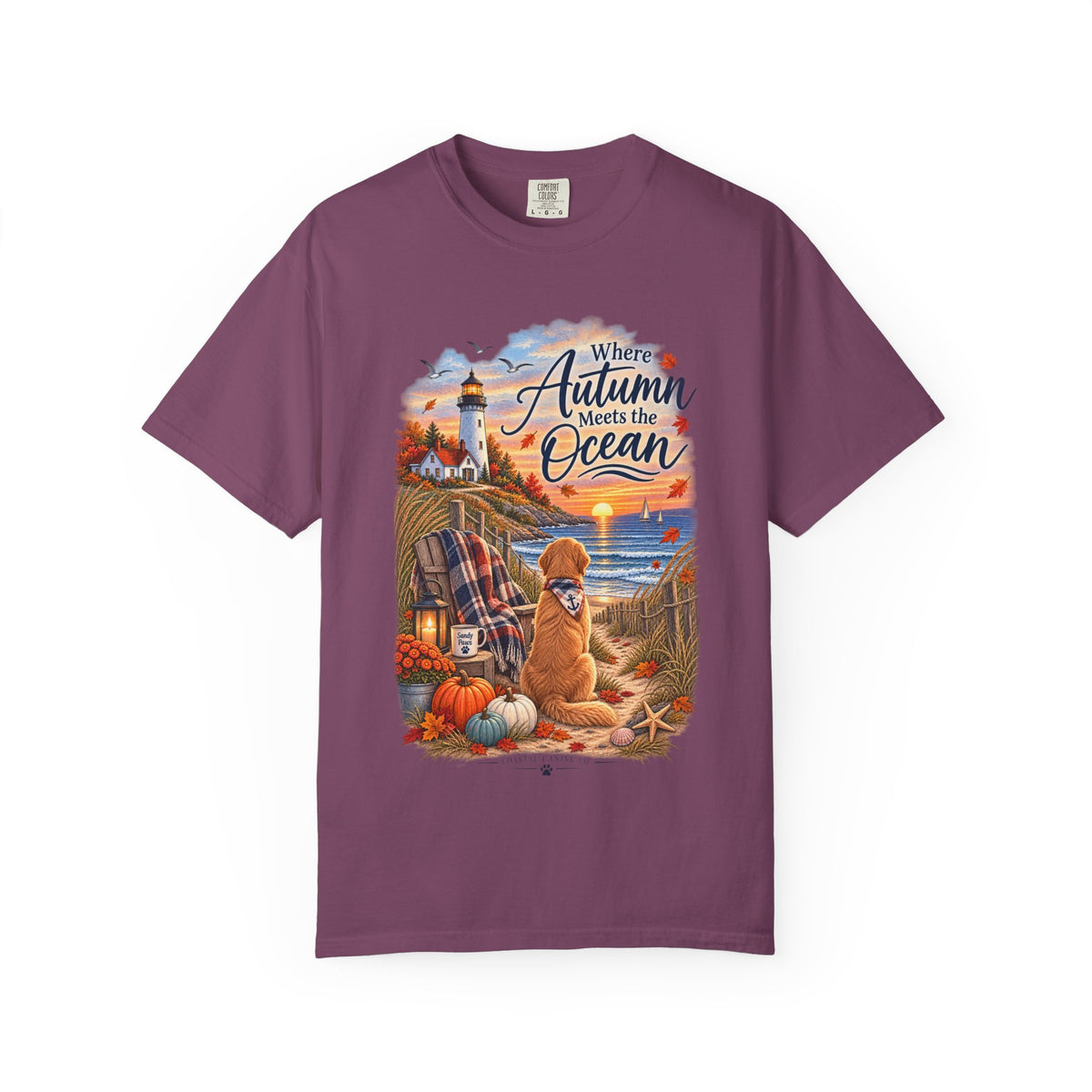 Autumn Meets the Ocean T-Shirt — Cozy Coastal Fall Tee with Golden Retriever
