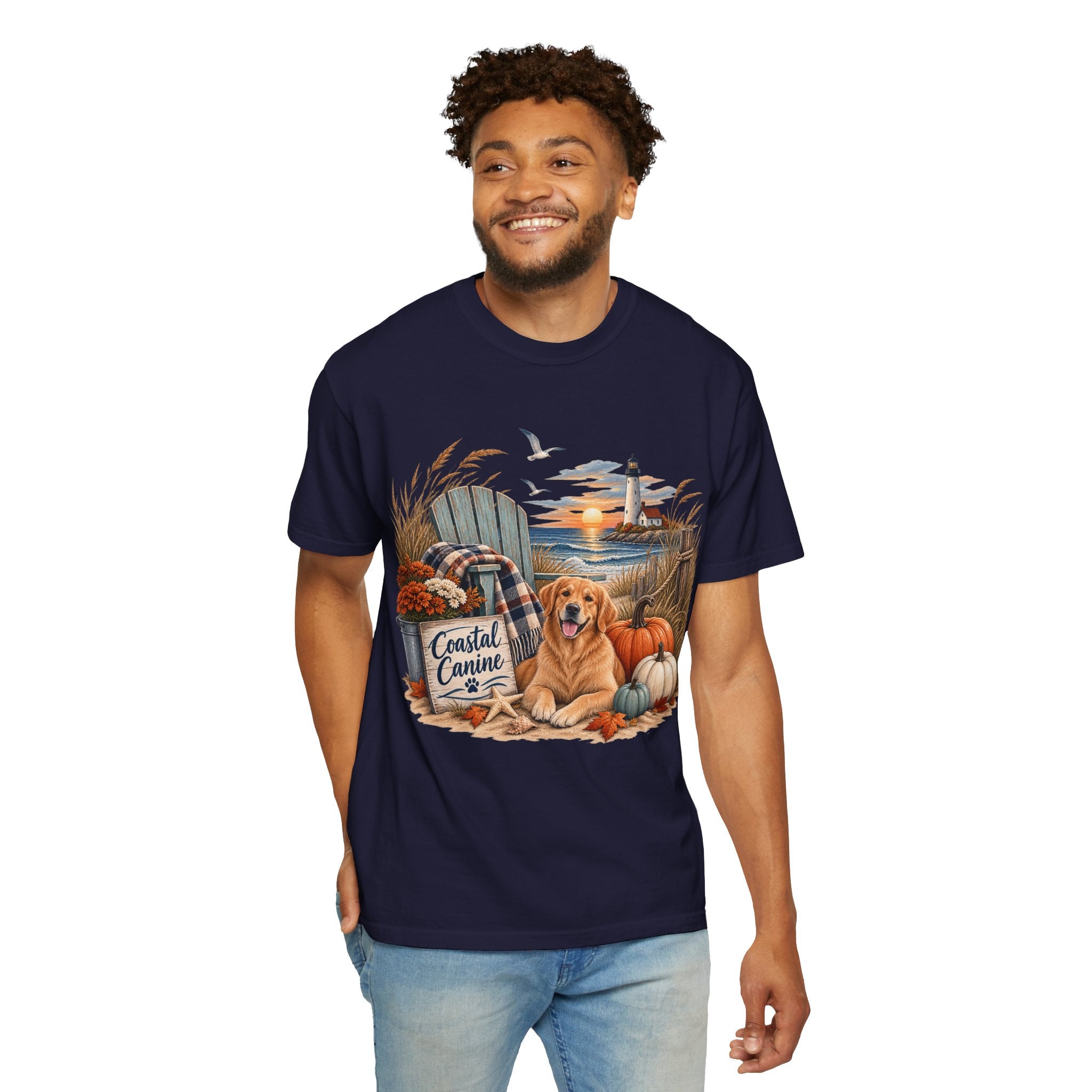 Coastal Canine Fall T-Shirt — Lighthouse, Labrador & Pumpkin Beach Tee