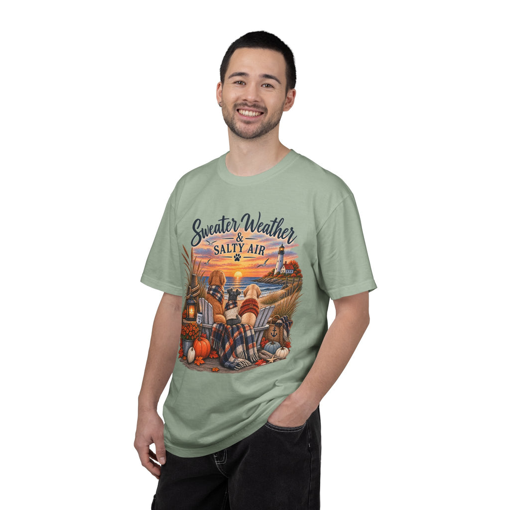 Sweater Weather & Salty Air T-Shirt — Autumn Beach Sunset Graphic Tee