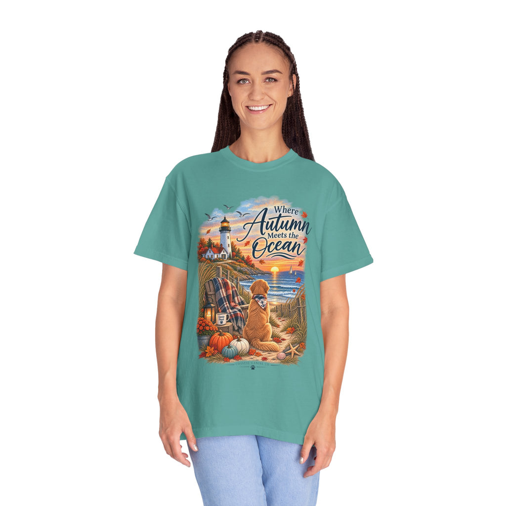 Autumn Meets the Ocean T-Shirt — Cozy Coastal Fall Tee with Golden Retriever