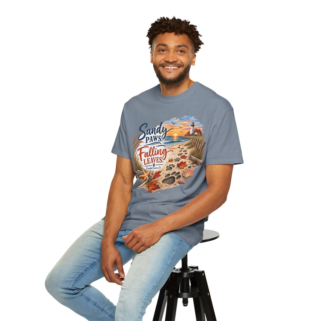 Sandy Paws Falling Leaves Beach T-Shirt — Autumn Coastal Dog Lover Tee