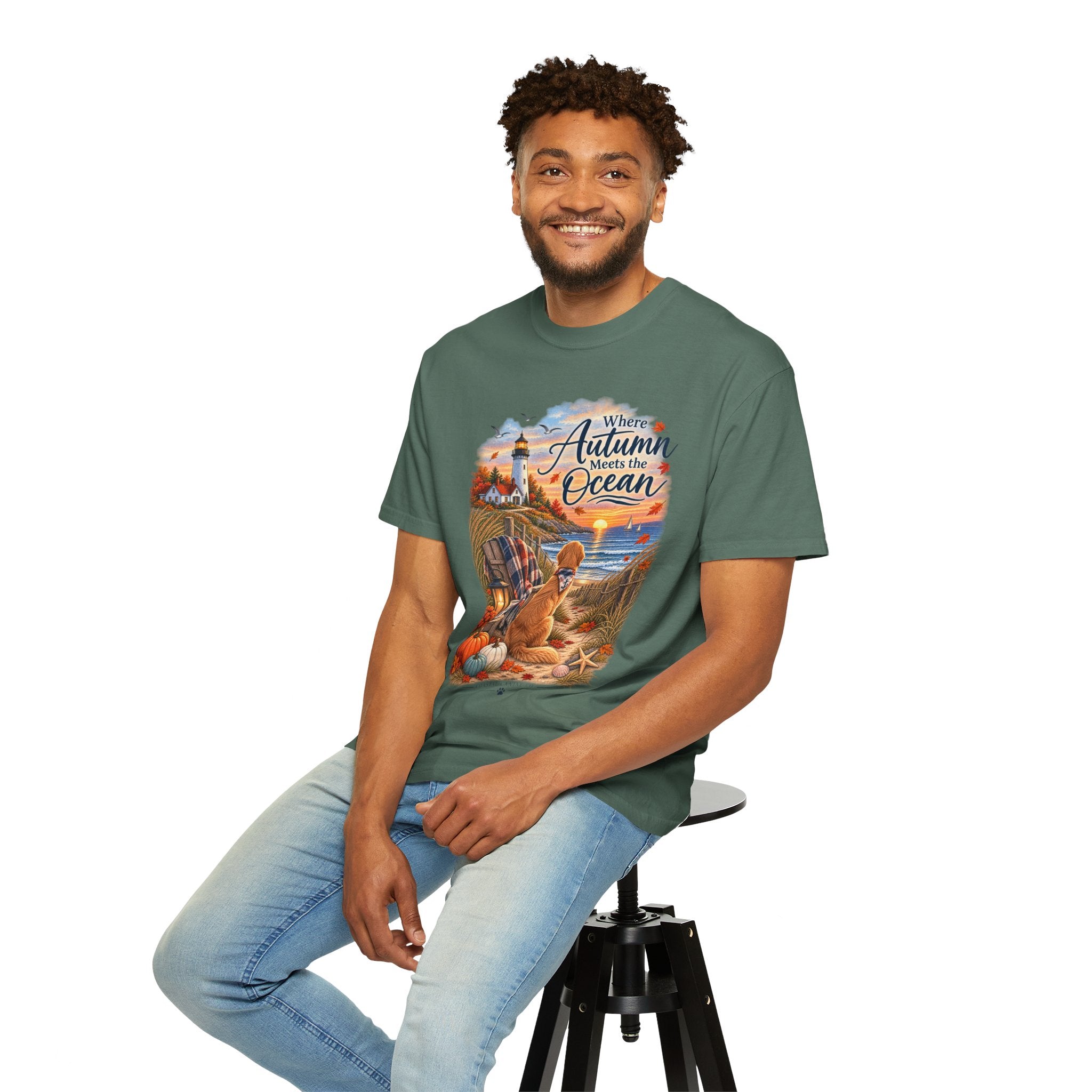 Autumn Meets the Ocean T-Shirt — Cozy Coastal Fall Tee with Golden Retriever