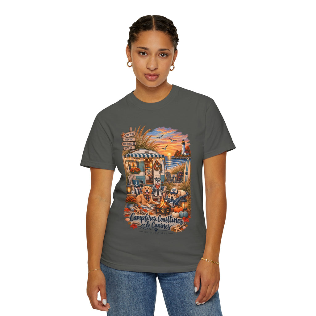 Campfires, Coastlines & Canines T-Shirt — Retro Camper Dog Camping Graphic Tee