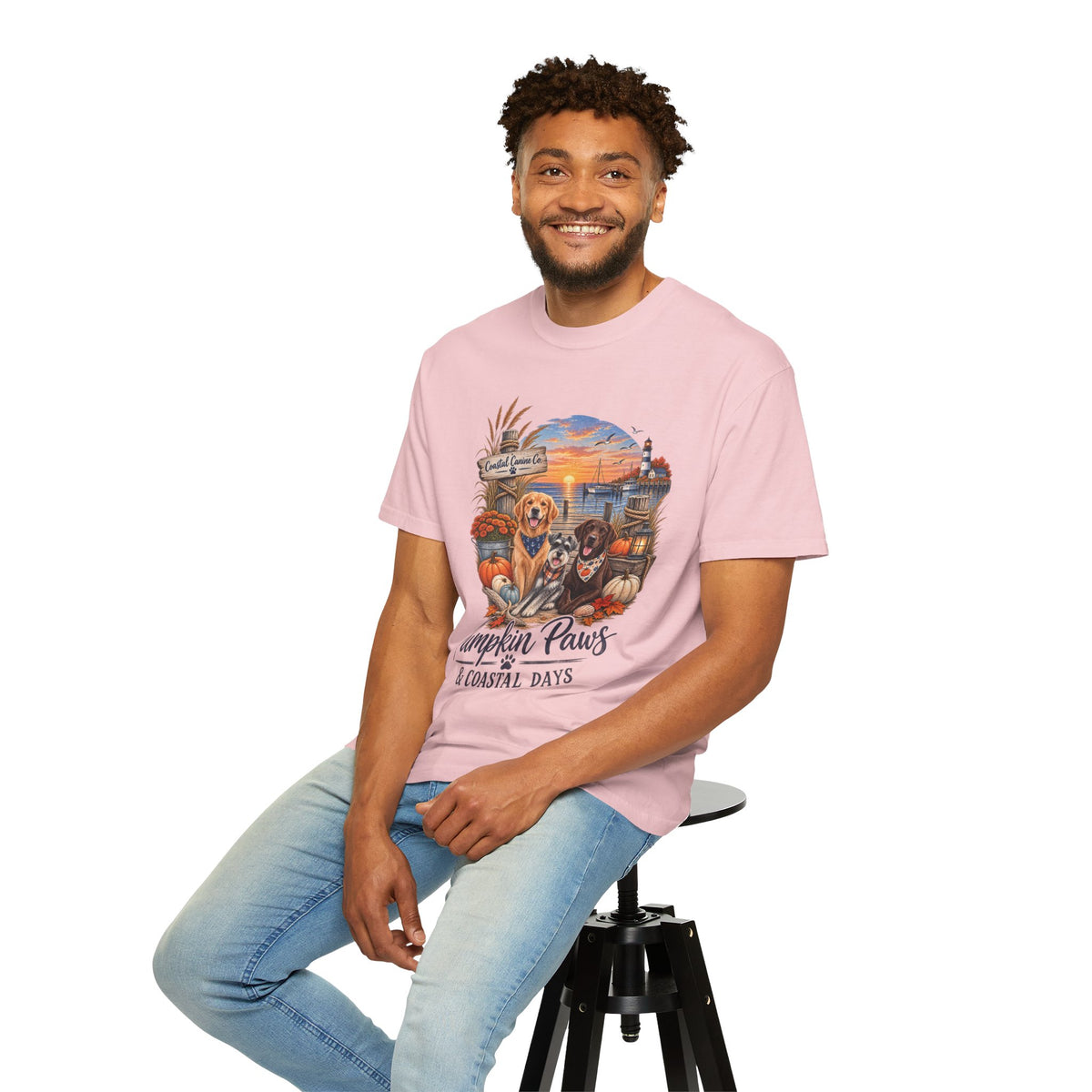 Pumpkin Paws & Coastal Days T-Shirt — Autumn Dogs by the Harbor