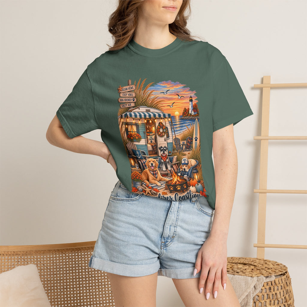 Campfires, Coastlines & Canines T-Shirt — Retro Camper Dog Camping Graphic Tee