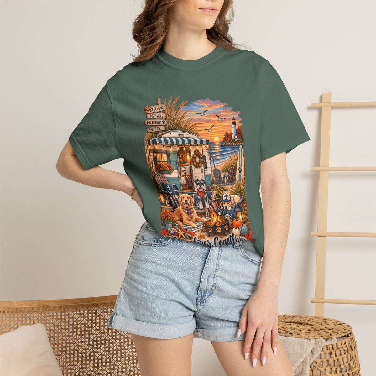 Campfires, Coastlines & Canines T-Shirt — Retro Camper Dog Camping Graphic Tee