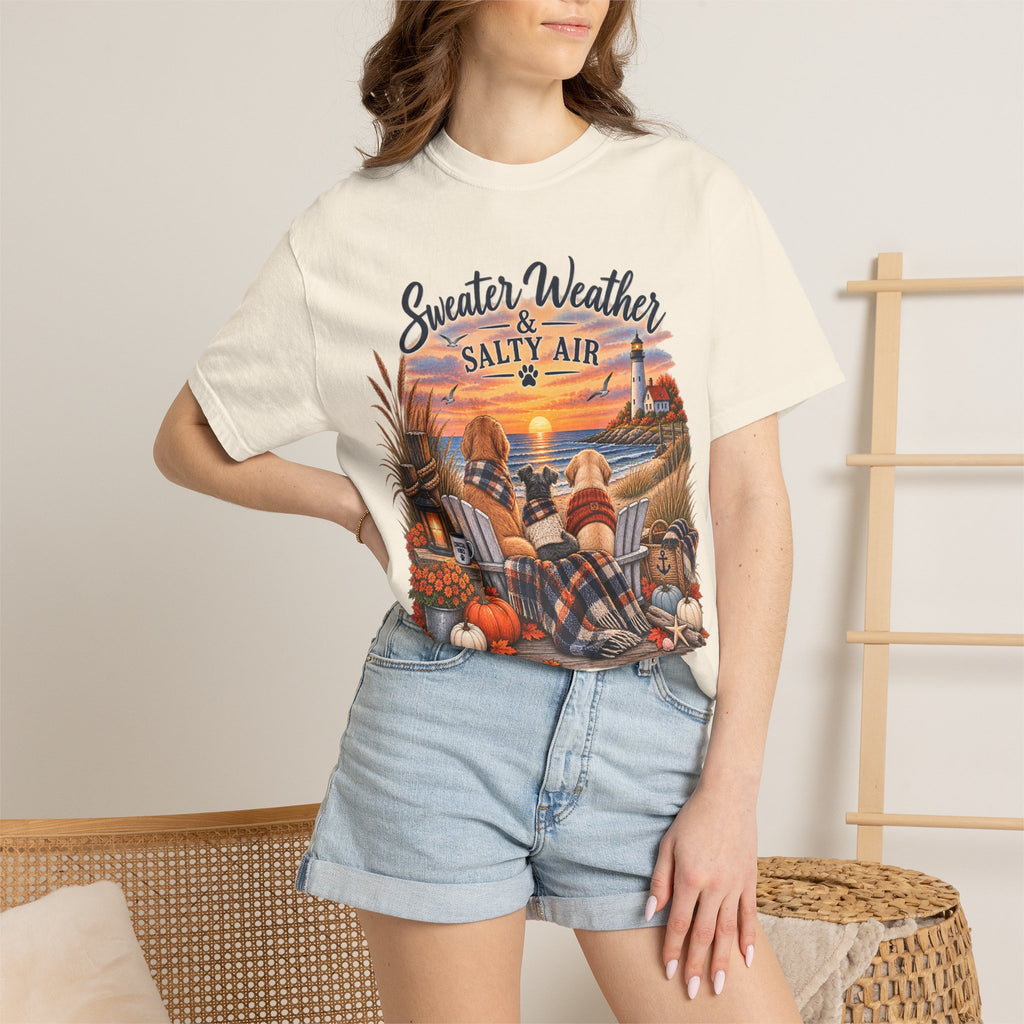 Sweater Weather & Salty Air T-Shirt — Autumn Beach Sunset Graphic Tee
