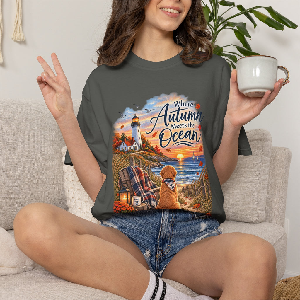 Autumn Meets the Ocean T-Shirt — Cozy Coastal Fall Tee with Golden Retriever