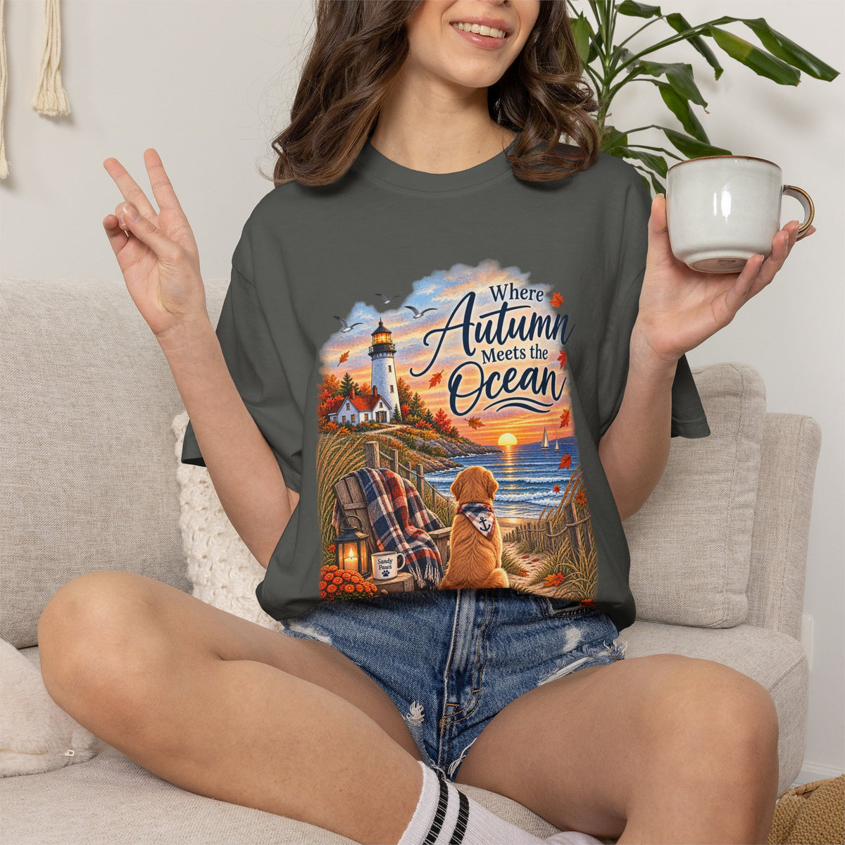 Autumn Meets the Ocean T-Shirt — Cozy Coastal Fall Tee with Golden Retriever